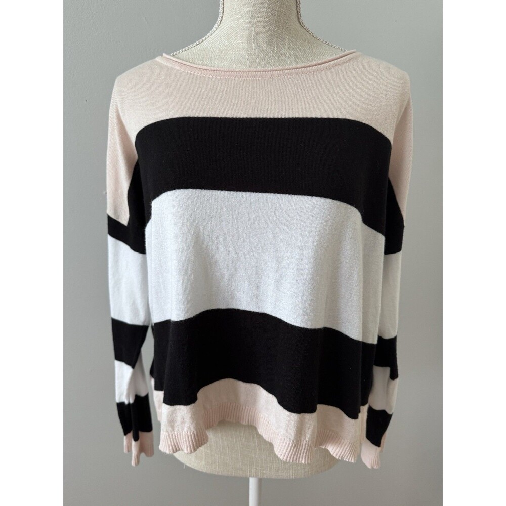 Planet‎ By Lauren G Women’s Cotton Pink White And Black Striped Sweater Blouse
